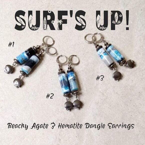 SURF'S UP! One-of-a-kind! Blue & Gray Agate + Hematite Shell Beaded Earrings - Picture 4 of 9